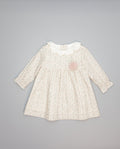 Baby pink floral viella dress with embroidered ruffled collar and long sleeves. 