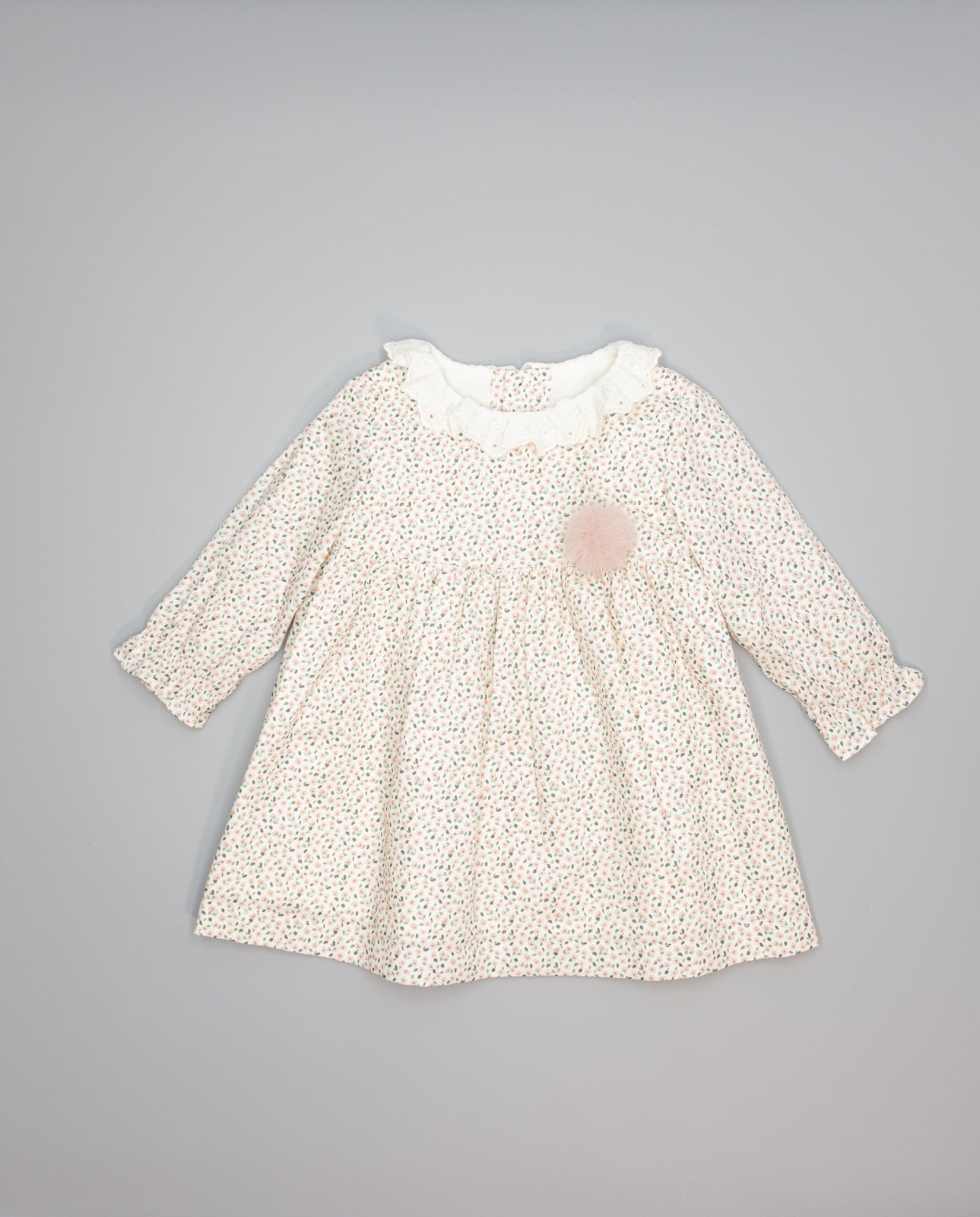 Baby pink floral viella dress with embroidered ruffled collar and long sleeves. 