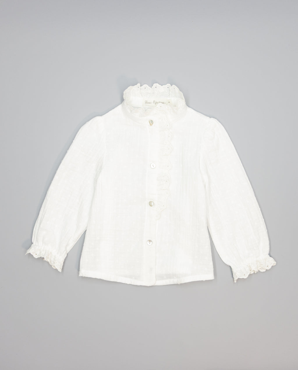 Beige girls cotton shirt with plumeti and embroidered ruffle