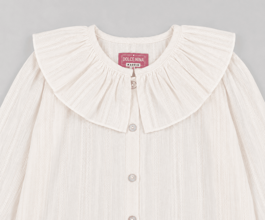 White Textured Blouse with Ruffled Collar - Mi Nina Kids