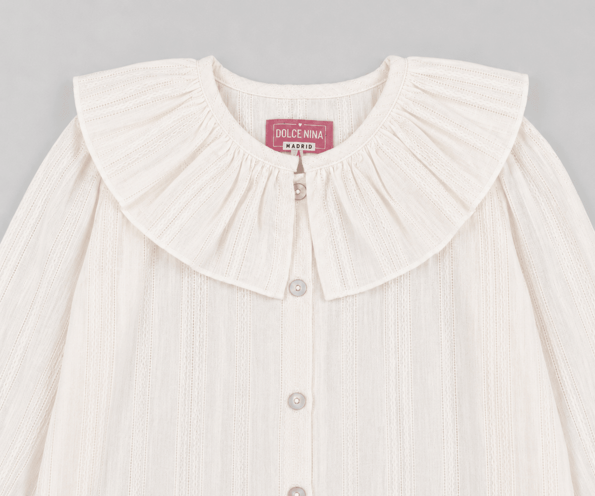 White Textured Blouse with Ruffled Collar - Mi Nina Kids