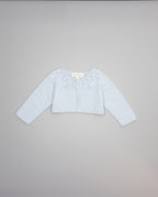 blue girls cashmere cardigan with eyelets and pearl buttons