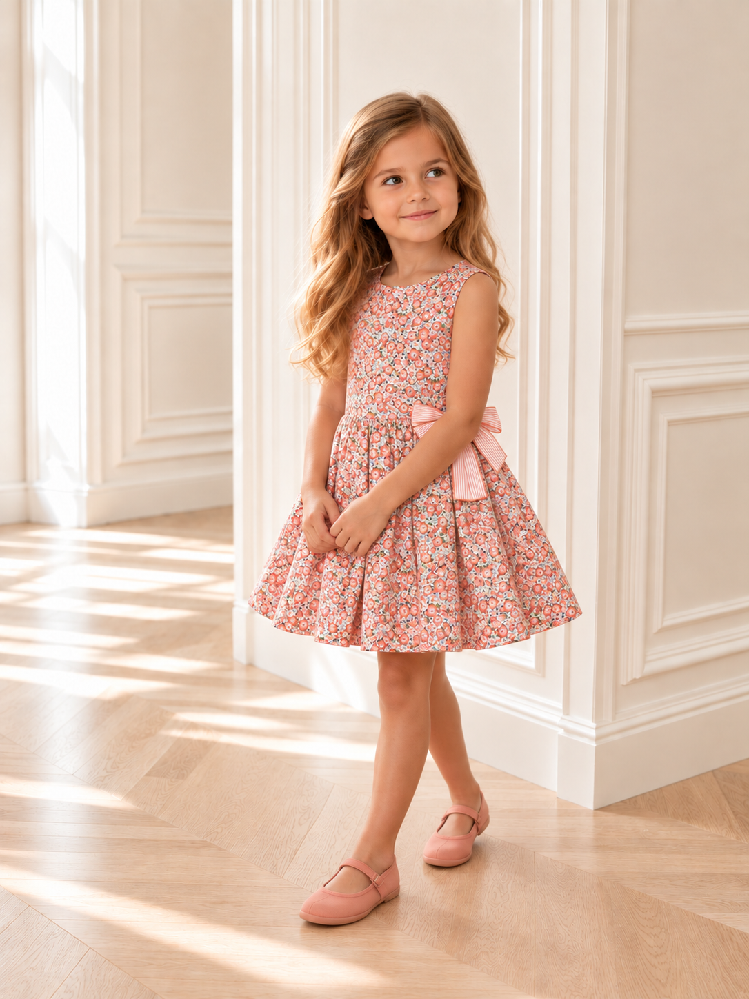 Alessandra Peach Floral Dress With Bow